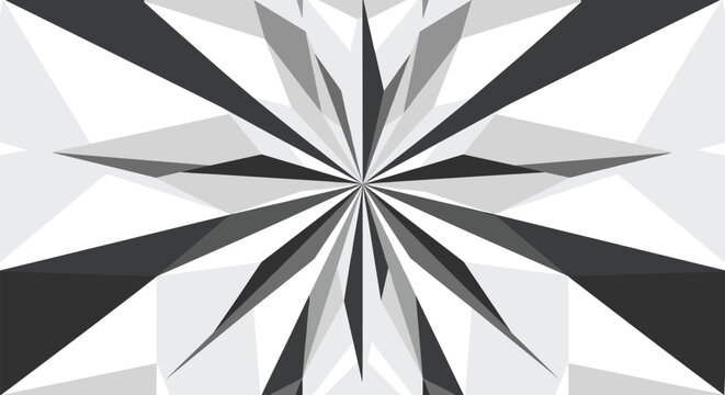 Striking monochrome geometric starburst pattern with sharp rays radiating from the center in shades of grey.