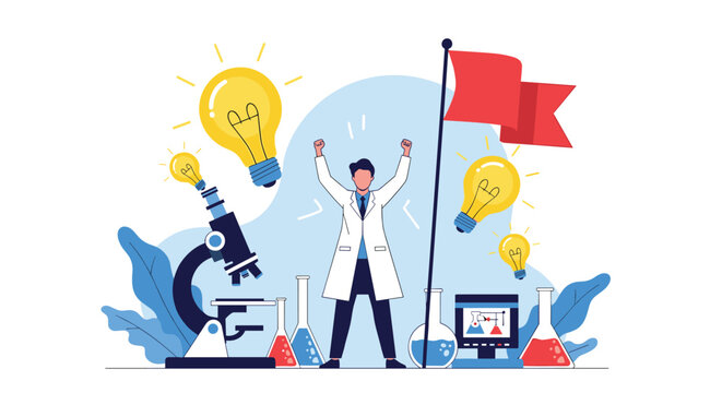 Excited male scientist in a white lab coat celebrating a successful experiment surrounded by lightbulbs and equipment.