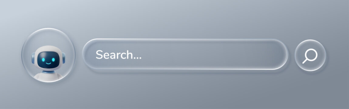 Robot assistant with Glass search button liquid bar ui navigation effect overlay texture. and chat interface, featuring sleek tech design, smart navigation elements