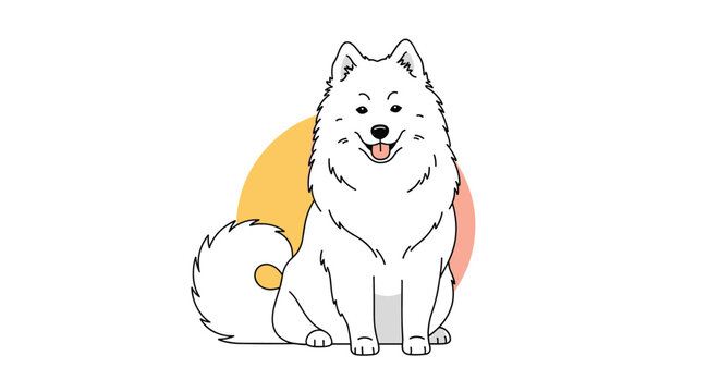 Fluffy white Samoyed dog sitting calmly with tongue out against a simple warm orange circular background illustration.