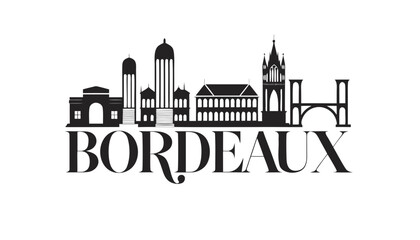 Naklejka premium Vector illustration of Bordeaux skyline silhouette, on white background, elegant architecture outlines, cultural landmarks, with “BORDEAUX” text