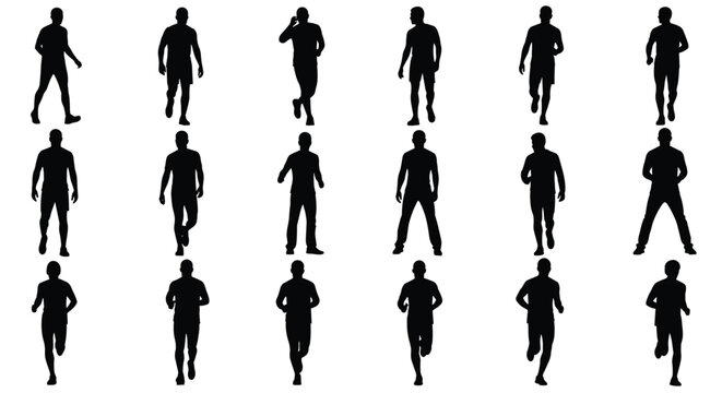 Multiple people silhouettes walking and standing in various poses on white background