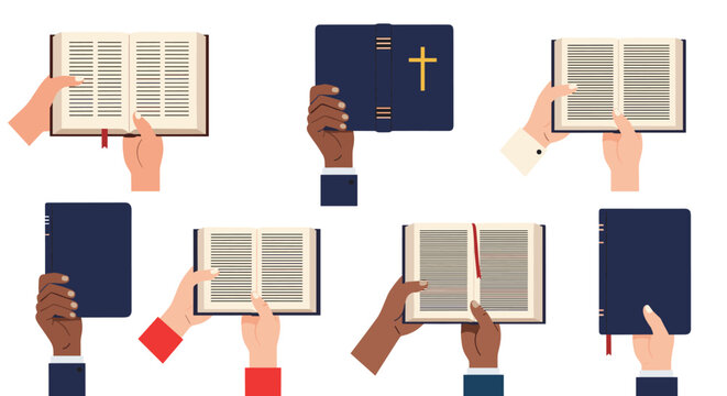 Multiple hands of different skin tones holding open books and holy bibles for education, religion, and diversity concept.