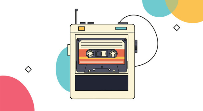 Vintage portable cassette tape player walkman with colorful background shapes representing nostalgia and eighties music culture.