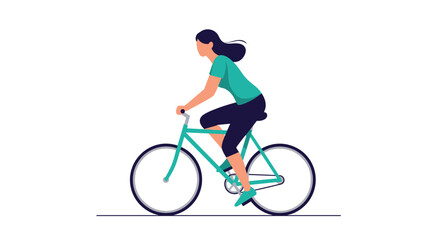 Fototapeta premium Active woman in a green shirt and leggings riding a bicycle against a clean white background for fitness concept.