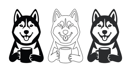 Siberian Husky dog holding coffee mug vector set, cute husky puppy drinking tea mascot, black and white husky line art illustration for cafe logo © ArsiStudio