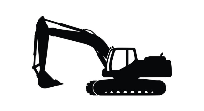 A black silhouette of a large excavator machine working on construction silhouette