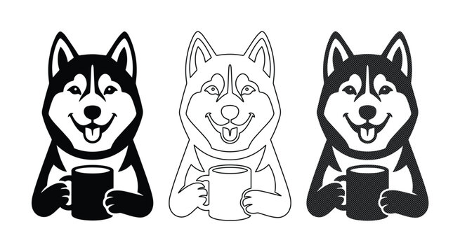 Siberian Husky dog holding coffee mug vector set, cute husky puppy drinking tea mascot, black and white husky line art illustration for cafe logo
