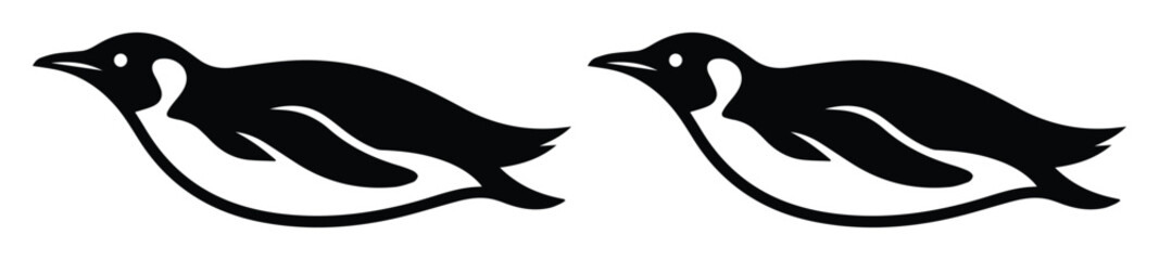 Minimalist penguin swimming vector icons, black and white emperor penguin silhouettes, sleek arctic bird profile graphics for logo design © ArsiStudio