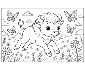 Baby bison running through wildflower meadow coloring page with butterflies and puffy clouds. © Farida