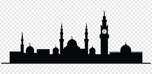Black silhouette of a mosque with minarets and domes © MdshakiburRahman