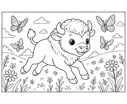 Baby bison running through wildflower meadow coloring page with butterflies and puffy clouds.