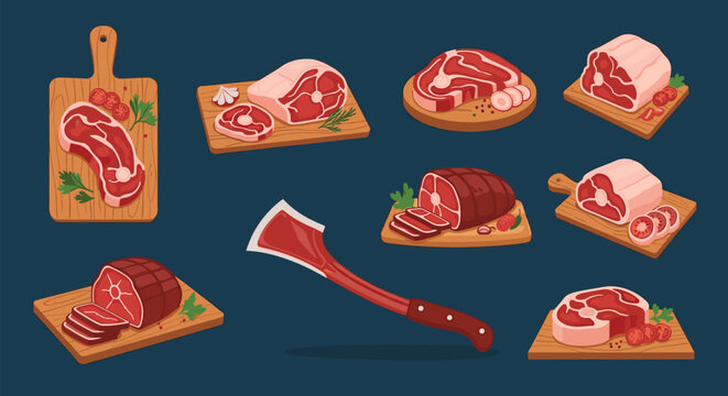 Set of different raw meat cuts and steaks on wooden boards with a cleaver for butchery and cooking concepts.