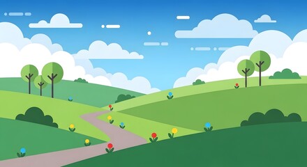 Naklejka premium Vibrant and idyllic green landscape illustration with winding path, colorful wildflowers, lush trees, and a clear sky, perfect for nature-themed designs