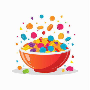 Bowl of colorful cereal with pieces flying out