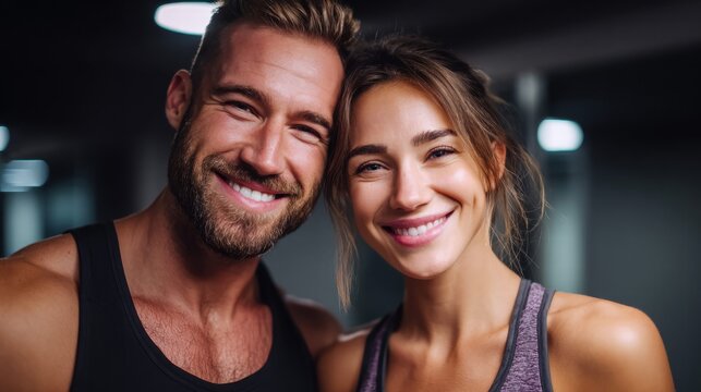 A happy couple smiles in a gym, radiating joy and a healthy lifestyle.
