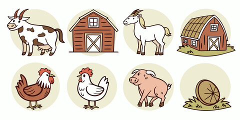 Cute cartoon farm animal and barn icon set for children with agriculture livestock countryside collection illustration domestic building architecture © ADOBE