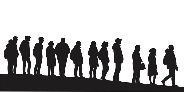 People standing in a long queue silhouette graphic illustration with silhouette standing lifestyle community collection illustration isolated background together togetherness patience