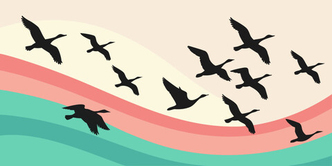 Flock of wild geese flying in migration silhouette pattern against a retro wavy colorful background with birds flying nature art wild goose bird group nature theme bird watching wildlife art © ADOBE