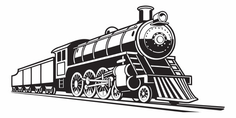 Black and white stylized graphic illustration of a vintage steam locomotive train with steam powered locomotive railroad transportation illustration transport monochrome industrial machinery © ADOBE
