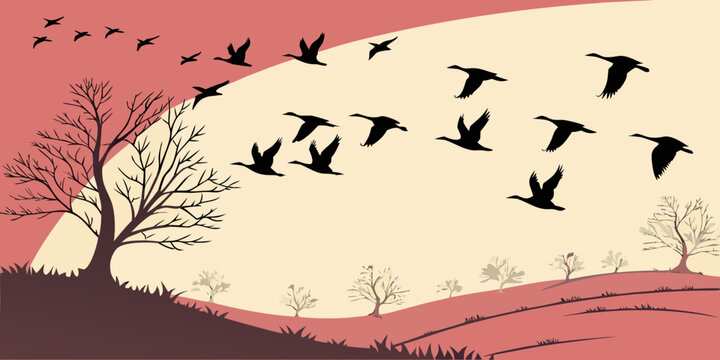 Migrating birds in formation flying over a landscape with bare autumn trees silhouette nature art wild goose bird group flying flock nature theme bird watching wildlife art flight path