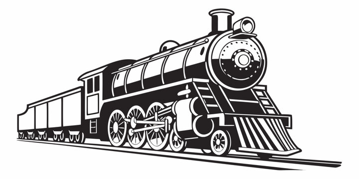 Black and white stylized graphic illustration of a vintage steam locomotive train with steam powered locomotive railroad transportation illustration transport monochrome industrial machinery