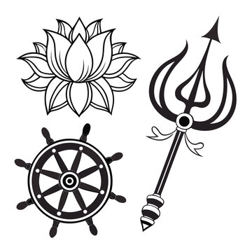 Black and white set of sacred symbols including lotus flower trishula and dharmachakra wheel with trishula dharmachakra hinduism religion spirituality monochrome ornament tradition meditation
