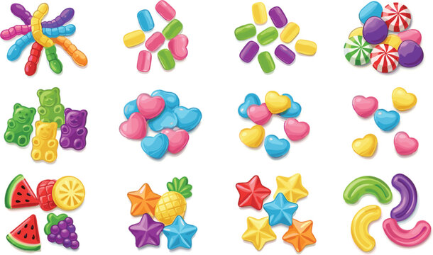 Colorful Candy Illustration Set with Gummies, Hard Candies, Fruit Shapes, and Fun Sweet Treats for Sweets, Confectionery, and Dessert Designs