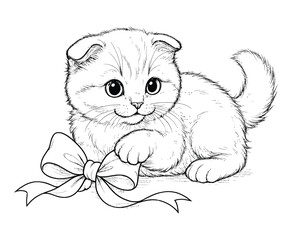 Adorable kitten playing with decorative ribbon bow for kids coloring page vector illustration. © Farida