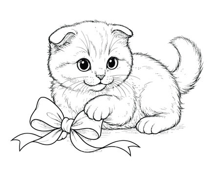 Adorable kitten playing with decorative ribbon bow for kids coloring page vector illustration.