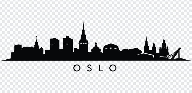 Black silhouette of oslo city skyline with various buildings and bridge