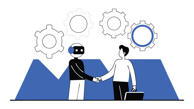 Human and Artificial Intelligence Robot Handshake Representing Successful Collaboration and Future Technology abstract concept vector illustrations, black and blue vector art
