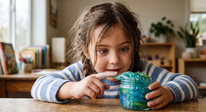Curious little girl observing and touching colorful glitter slime in a jar at home