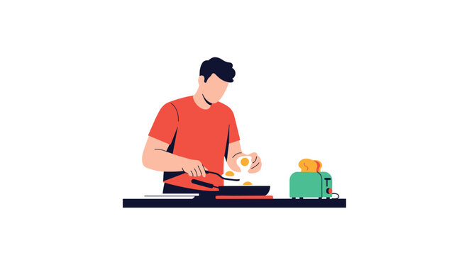 Man in a red t-shirt cooking eggs in a pan on a stove with a toaster in the background for a morning routine scene.