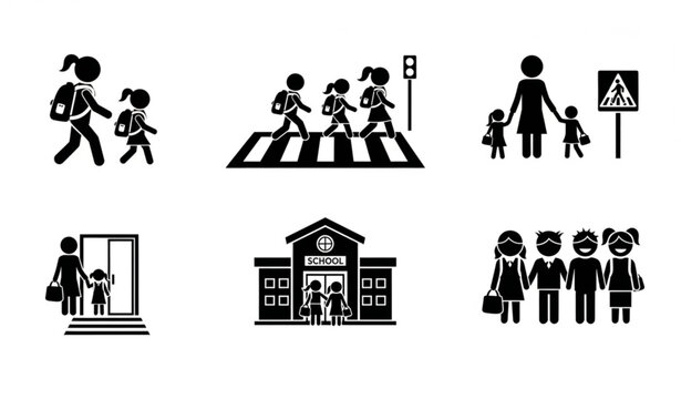 Children going to school pictogram icon set with kids walking crossing road and parent guidance symbols isolated on white