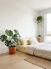 Naklejka premium Modern living room interior with a green sofa stylish furniture and contemporary home design creating a comfortable and elegant space