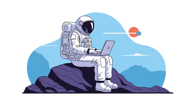 Astronaut in a full space suit sits on a rugged lunar rock using a laptop computer against a blue alien planet background.