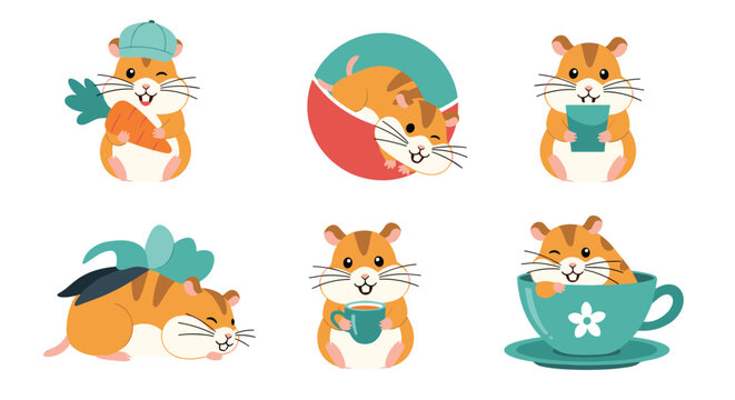 Collection of cute hamster characters are shown in various poses including eating a carrot, drinking from a cup, and hiding in a mug.