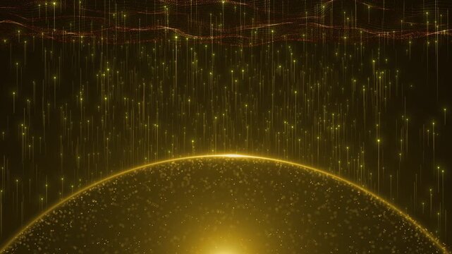Golden sparkling particles falling down glowing lights dark background, bokeh effect, cosmic scene, festive decoration, Gold podium product presentation illustration. empty golden award platform