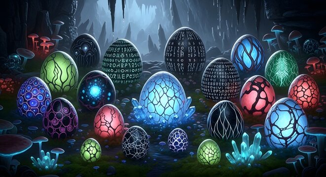 A mesmerizing collection of luminous alien eggs glowing with vibrant patterns and intricate designs in a mysterious subterranean fantasy cave landscape adorned with bioluminescent fungi