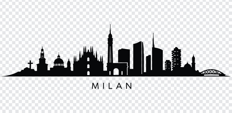 Black silhouette of milan city skyline with famous landmarks