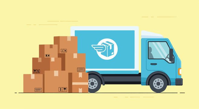 A blue delivery truck with boxes