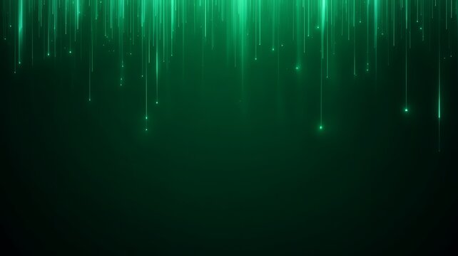 Abstract green digital light streaks falling on dark background representing data technology and cyber concept