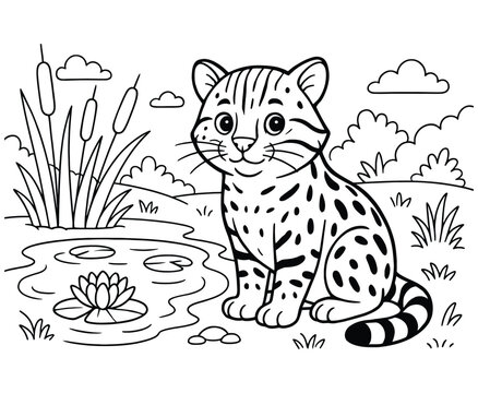 Cute cartoon ocelot kitten sits by a pond with lily pads, cattails, and clouds.