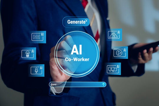 AI co-worker concept. Businessman interacting with AI co worker interface on virtual screen, automation technology integration, digital transformation workflow, smart system innovation