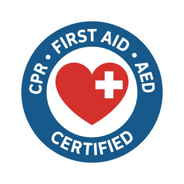 first aid certification badge with red heart and cross on white background