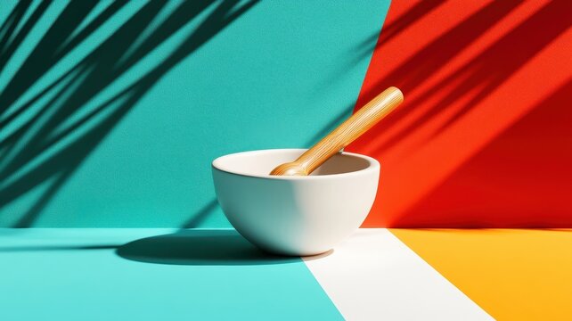 Stylized illustration of mortar and pestle in bold lines and vibrant colors.