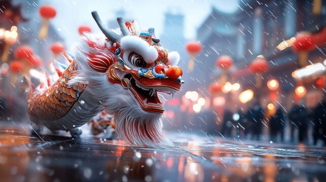 Dragon dance performance with vibrant colors and shimmering scales.
