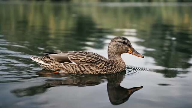 Mallard duck swimming on calm lake water with soft reflection, brown feathers, wildlife scene, blurred green background, serene nature bird pond ripple