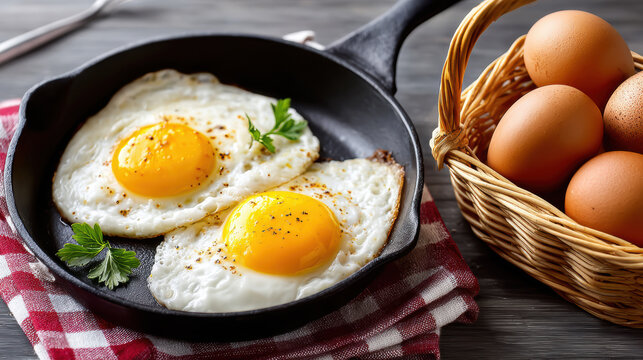 Cast iron pan with two sunny side up eggs beside a basket of eggs for easter breakfast menu background and food banner design